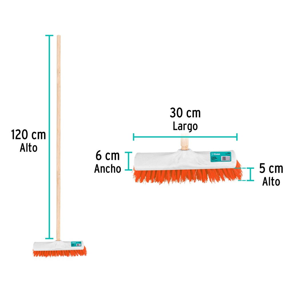 Cepillo industrial cerda rígida de 30 cm, bastón de madera, 