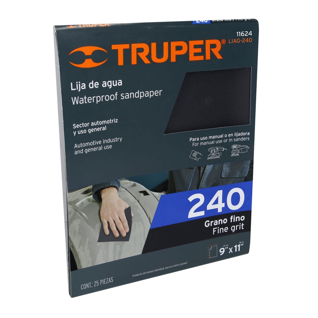 Lija de agua grano 240 de carburo de silicio, Truper, 