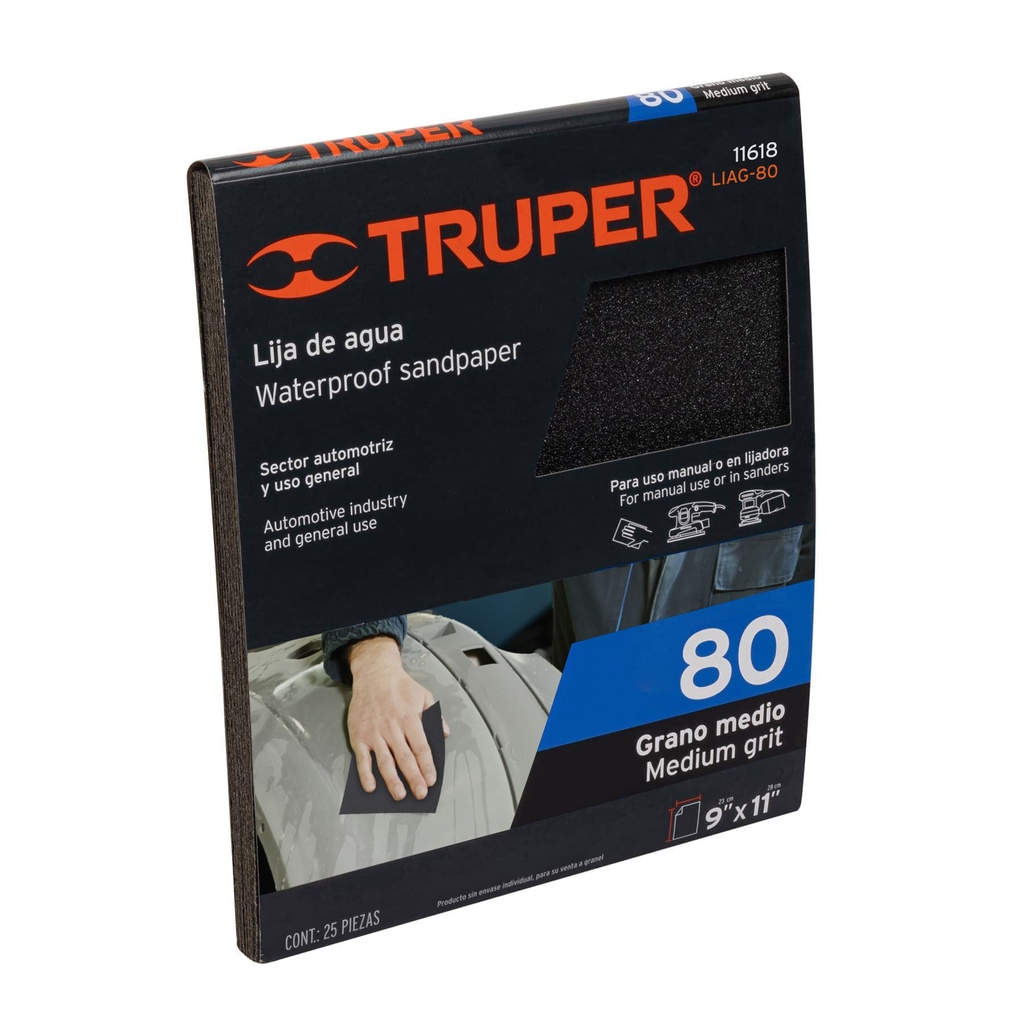 [11618-LIAG-80] Lija de agua grano 80 de carburo de silicio, Truper, 