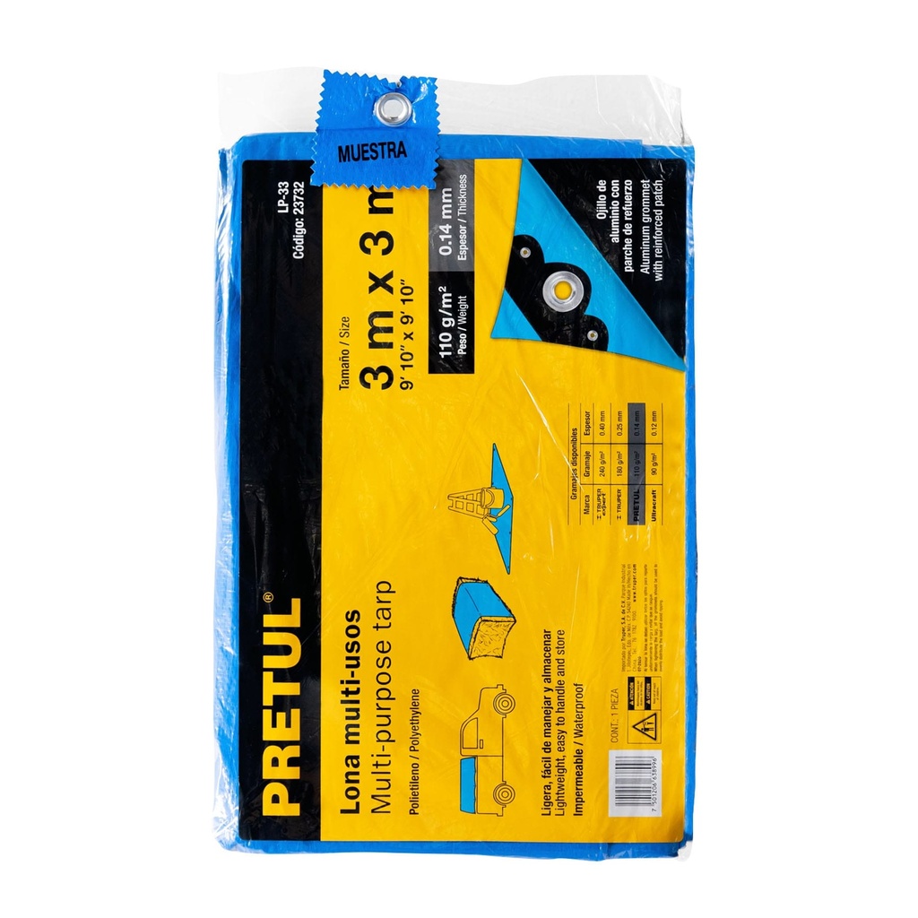 Lona de polietileno 3 x 3 m, azul, 110 g/m2, PRETUL, 