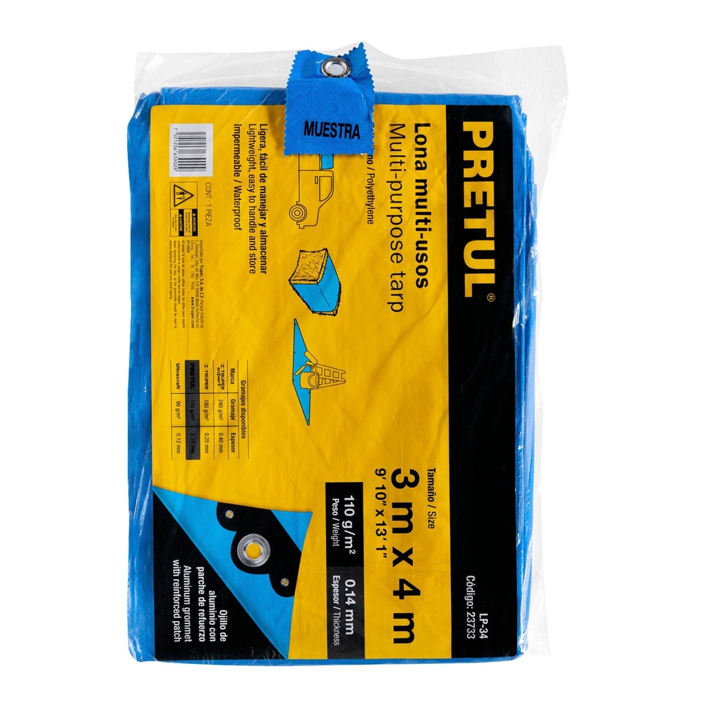 Lona de polietileno 3 x 4 m, azul, 110 g/m2, PRETUL, 