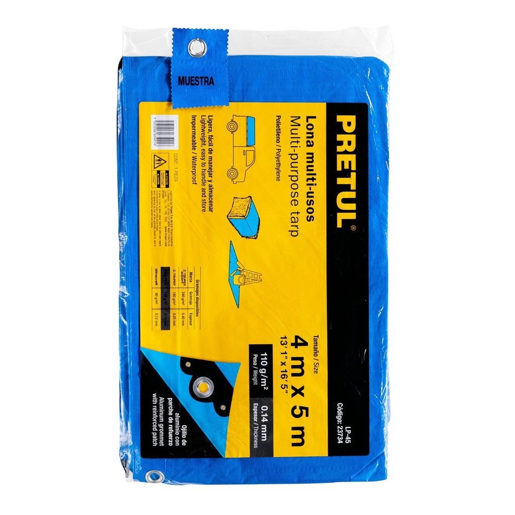 Lona de polietileno 4 x 5 m, azul, 110 g/m2, PRETUL, 