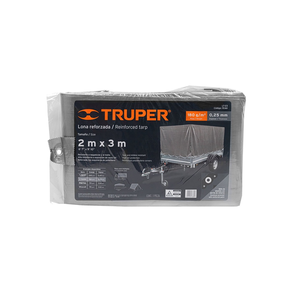 Lona de polietileno reforzada 2 x 3 m, gris, 180g/m2, TRUPER, 