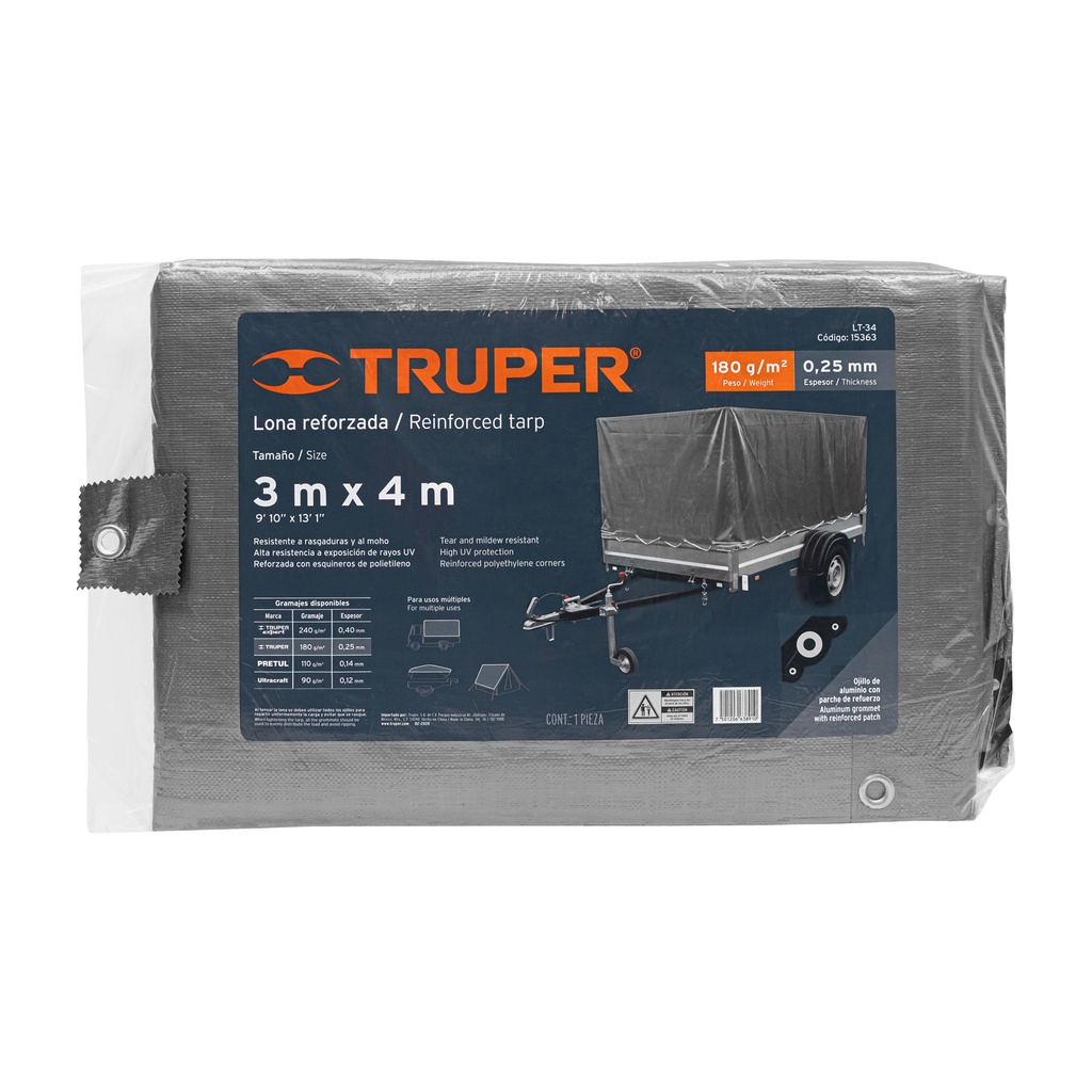 Lona de polietileno reforzada 3 x 4 m, gris, 180g/m2, TRUPER, 