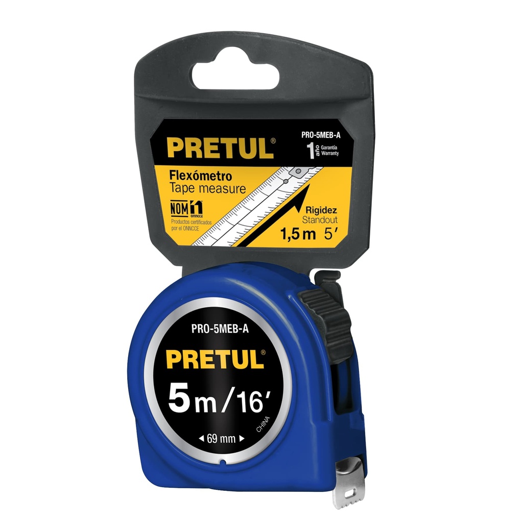 Flexómetro azul 5 m cinta 19 mm, en tarjeta, PRETUL, 