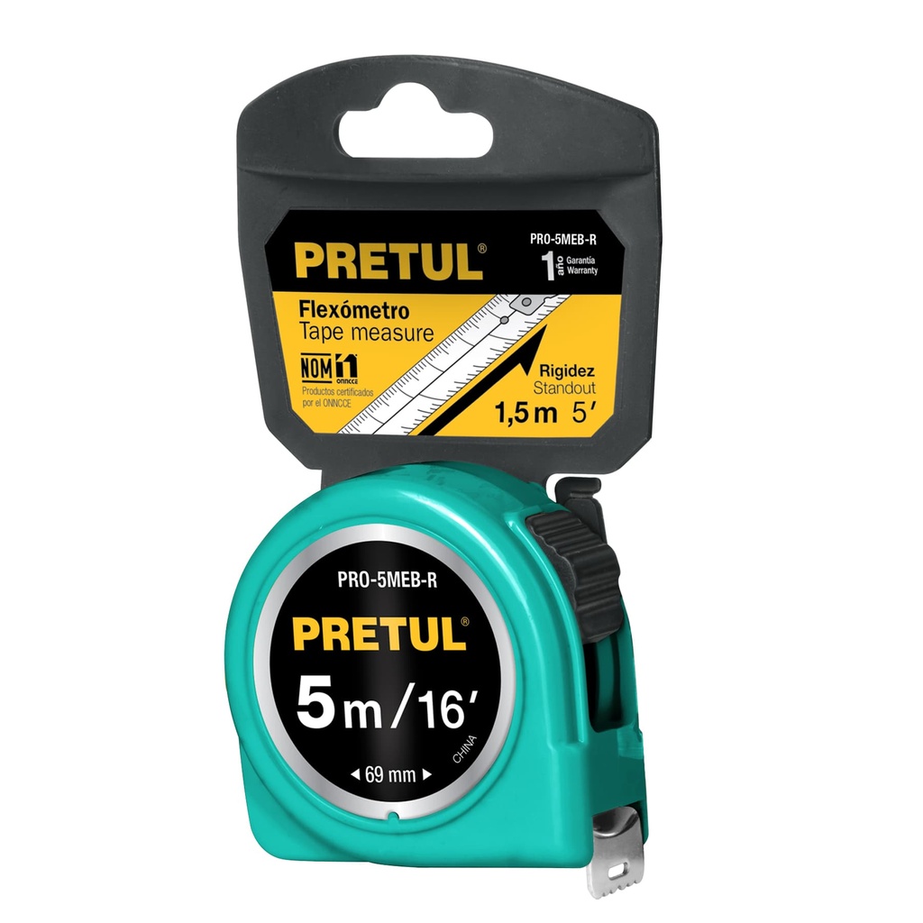 Flexómetro rojo 5 m cinta 19 mm, en tarjeta, PRETUL, 