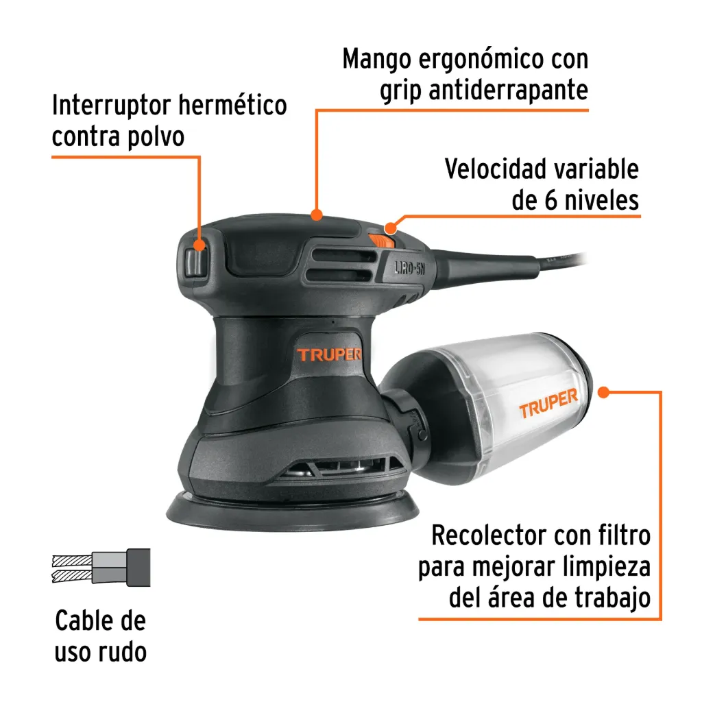Lijadora roto orbital 5', 260W, TRUPER INDUSTRIAL, 