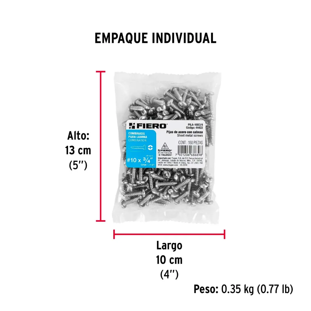Bolsa con 150 pijas para lámina, #10 x 3/4', FIERO, 