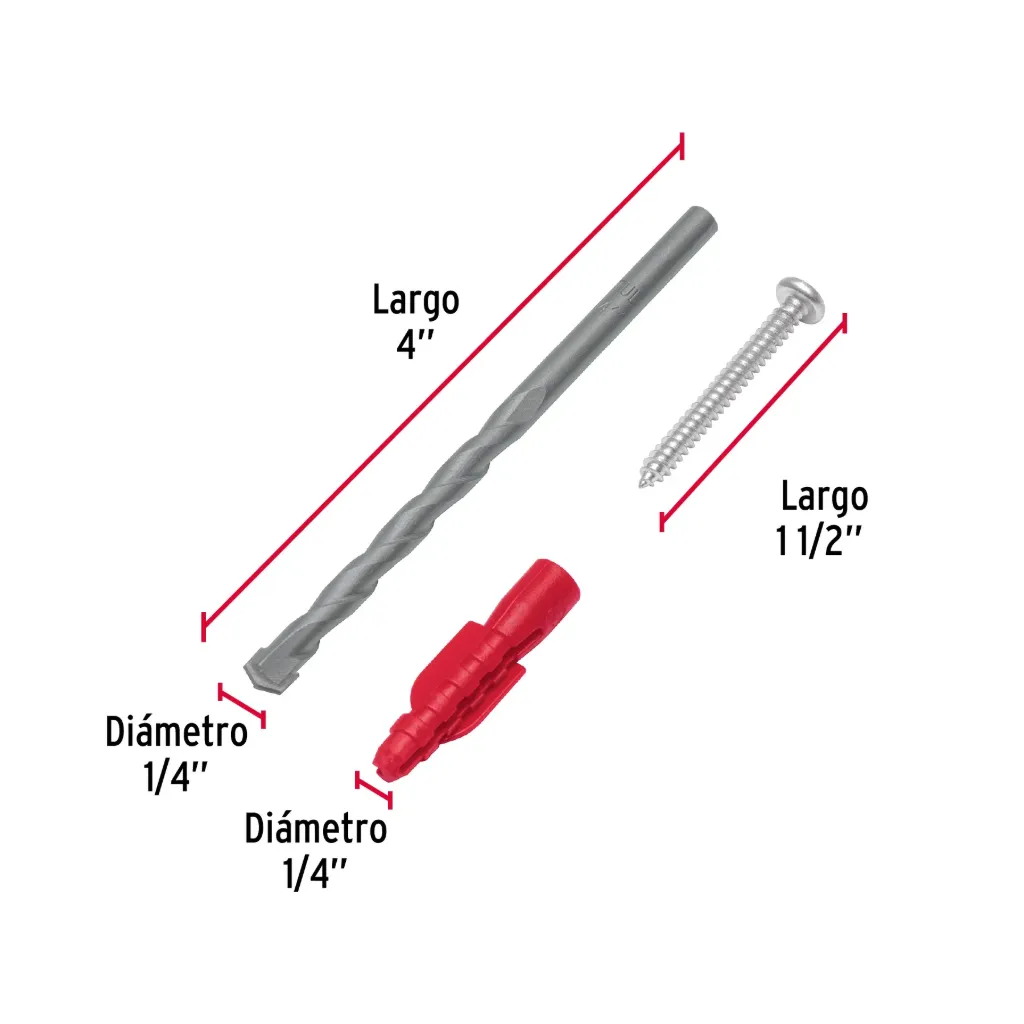 Kit de 20 taquetes 1/4' con pijas #8 y 1 broca 1/4', FIERO, 
