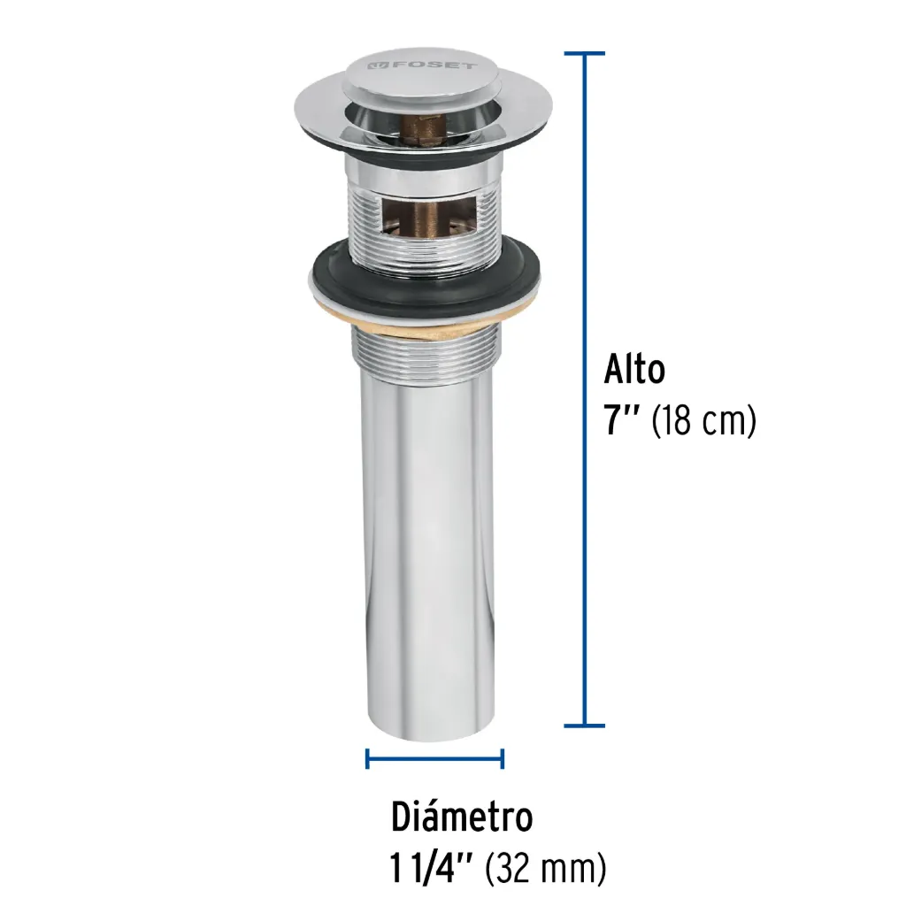 Contra p/lavabo con rebosadero, sistema push, cromo, 1-1/4', 