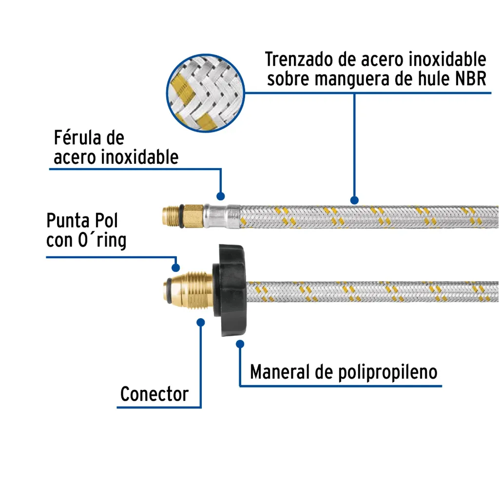 Manguera pigtail, acero inox, 7/16' x 7/8', 55 cm, Foset, 