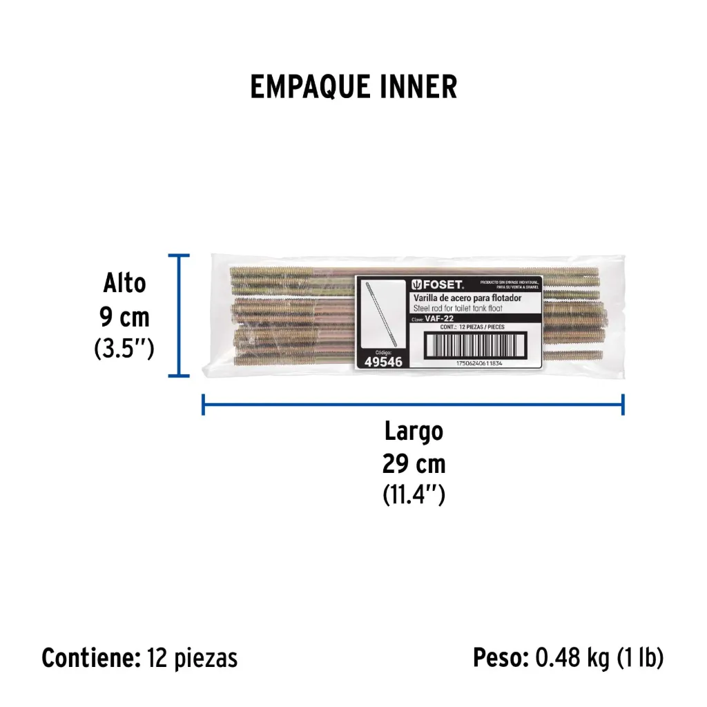 [49546-VAF-22] Varilla de acero de 22 cm para flotador, Foset, 