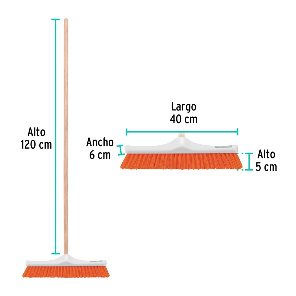Cepillo industrial cerda rígida de 40 cm, bastón de madera, 