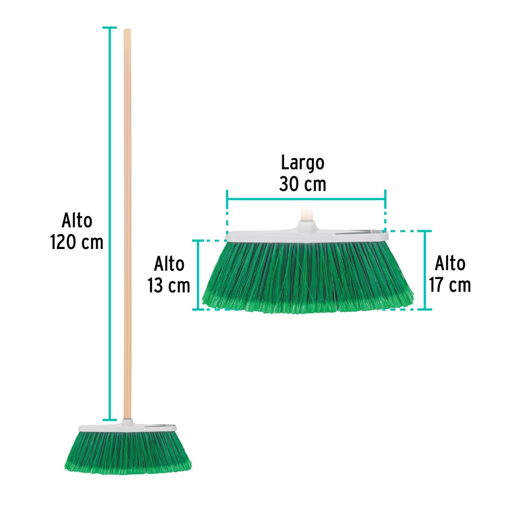 Escoba grande tipo cepillo, cerdas de PVC, bastón de madera, 