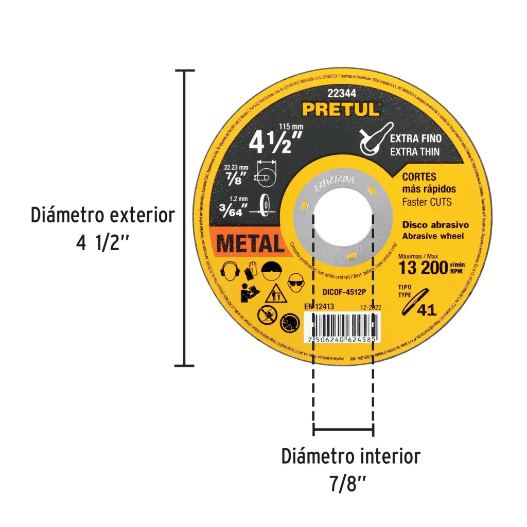 [22344-DICOF-4512P] Disco Tipo 41 de 4-1/2' x 1.2 mm corte fino de metal, Pretul, 
