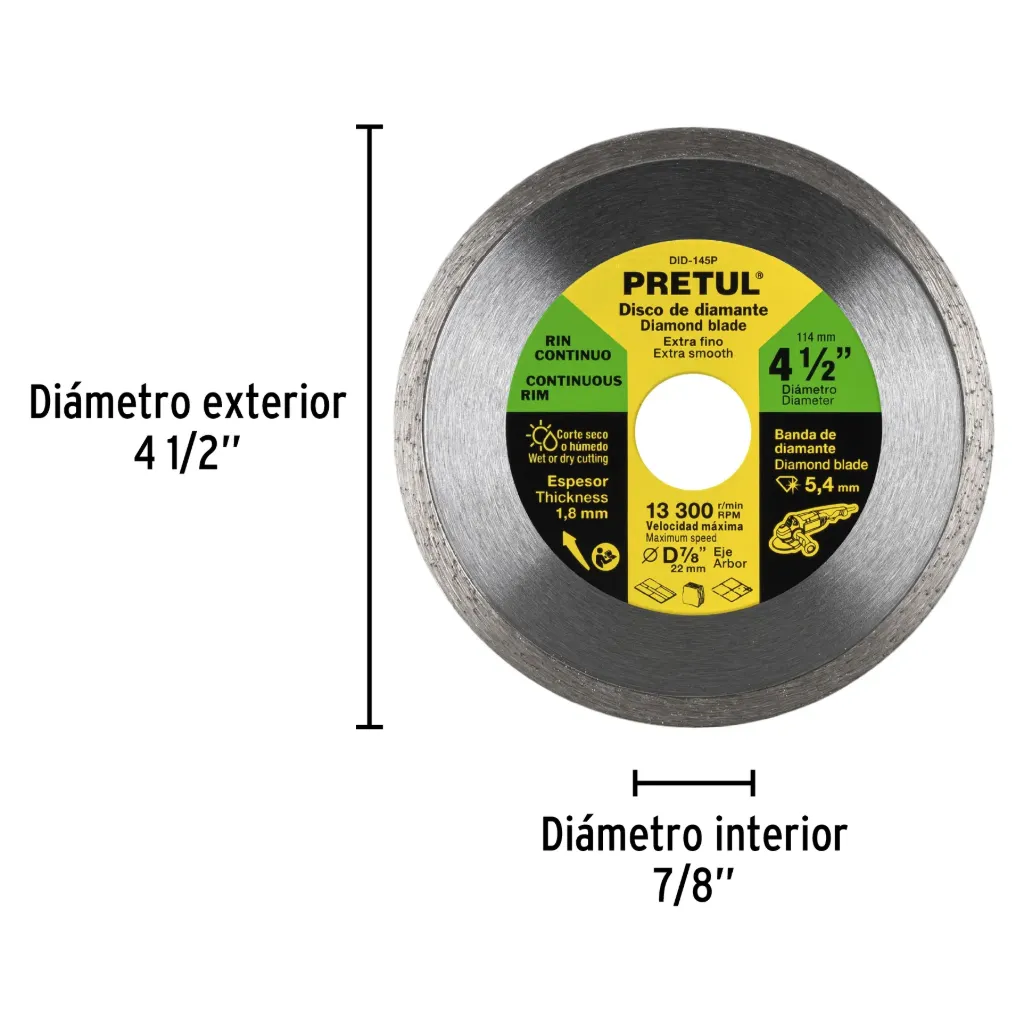 Disco de diamante de 4-1/2' x 1.8 mm, rin continuo, PRETUL, 