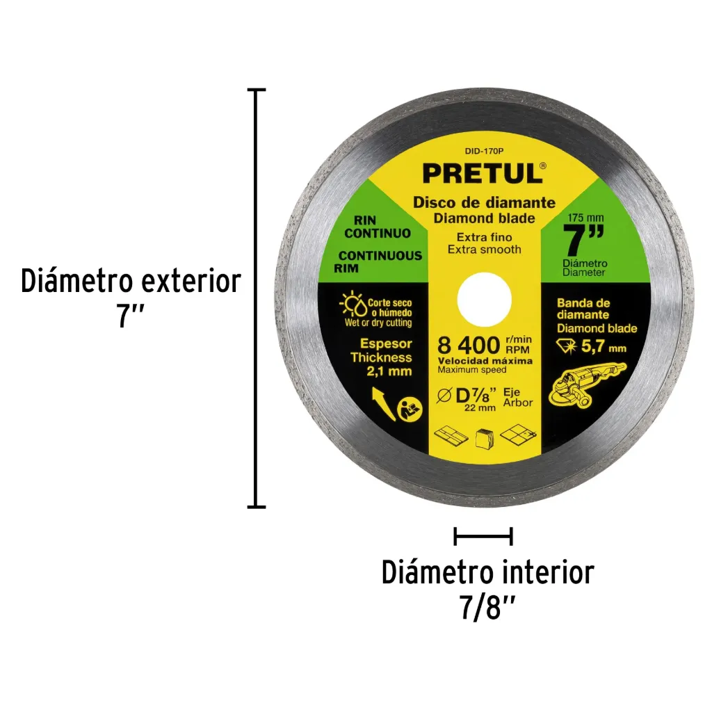 Disco de diamante de 7' x 2.1 mm, rin continuo, PRETUL, 