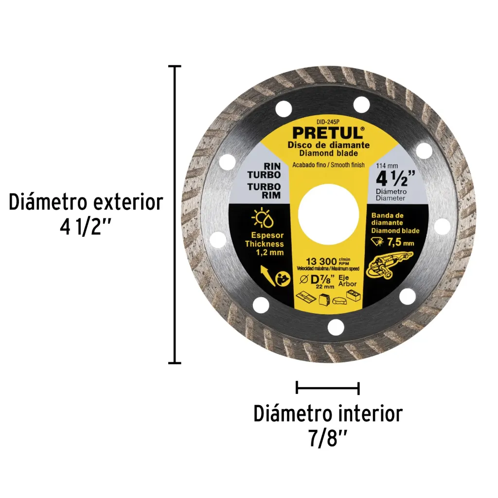 Disco de diamante de 4-1/2' x 1.2 mm, rin turbo, PRETUL, 
