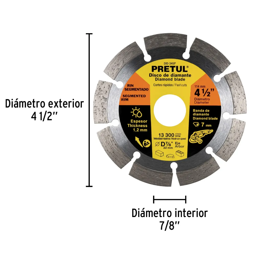 Disco de diamante de 4-1/2' x 1.2 mm rin segmentado, PRETUL, 