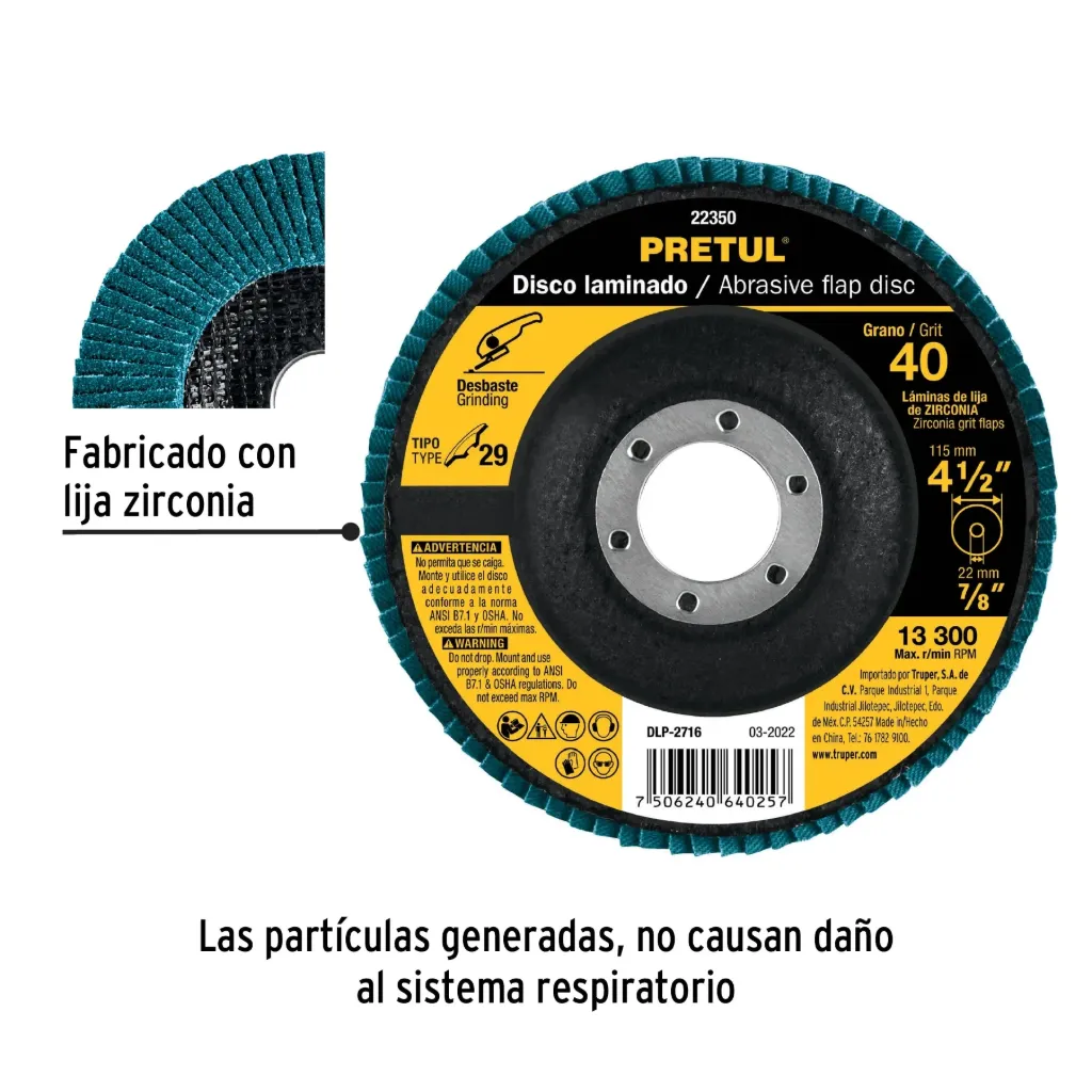Disco laminado 4-1/2', grano 40 centro 7/8', fibra, PRETUL, 