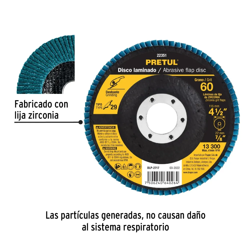 Disco laminado 4-1/2', grano 60 centro 7/8', fibra, PRETUL, 