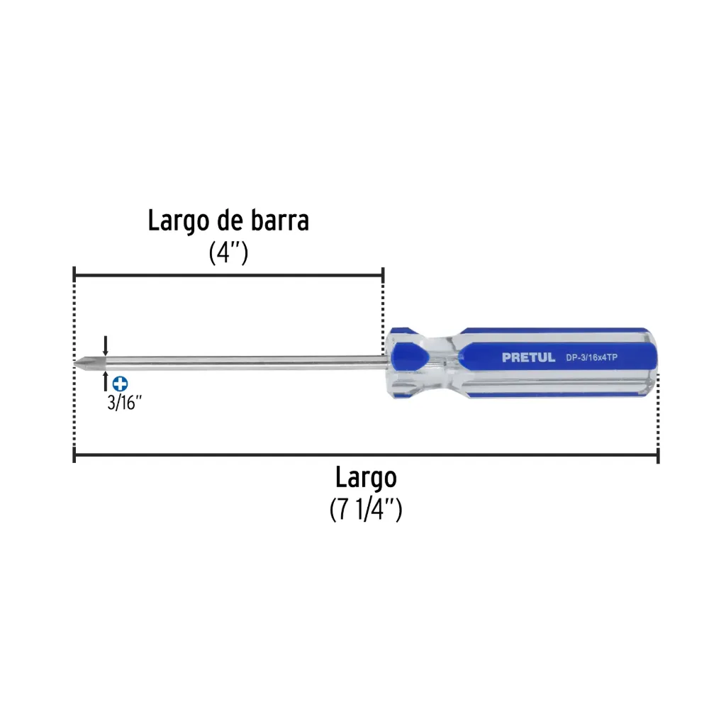 Desarmador de cruz 3/16 x 4' mango de PVC, Pretul, 