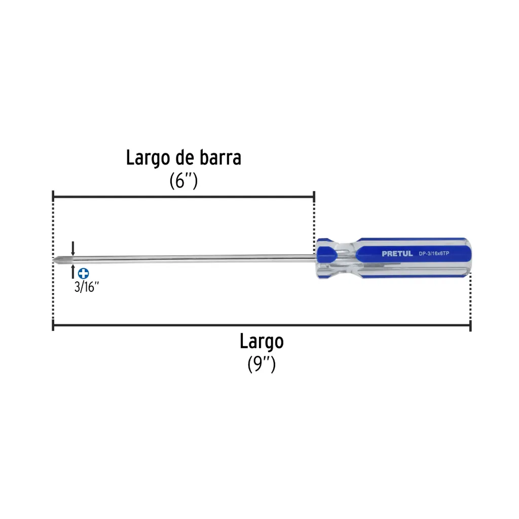 Desarmador de cruz 3/16 x 6' mango de PVC, Pretul, 