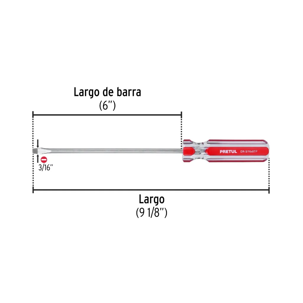 Desarmador plano 3/16 x 6' mango de PVC, Pretul, 