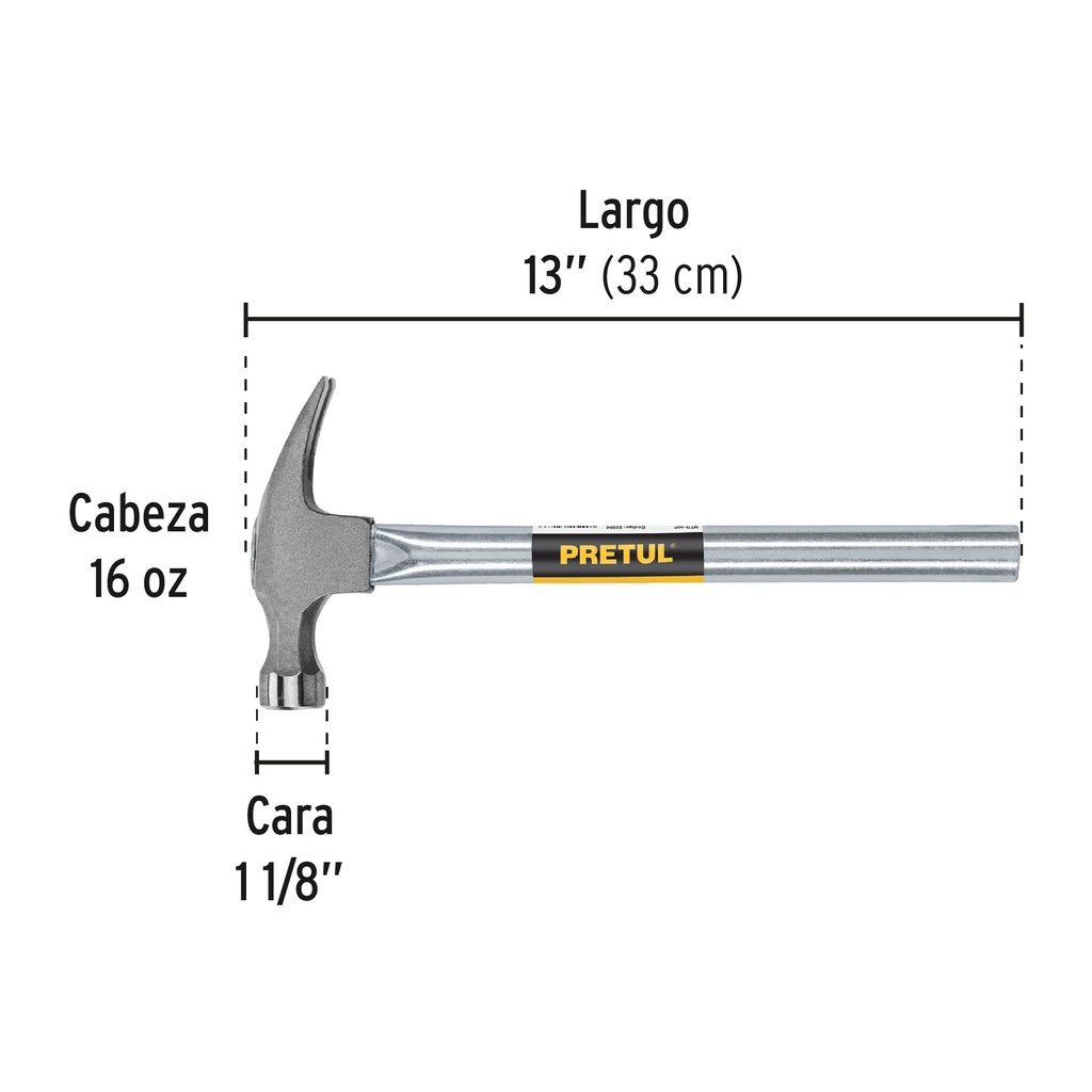 Martillo uña curva 16 oz, mango tubular, Pretul, 