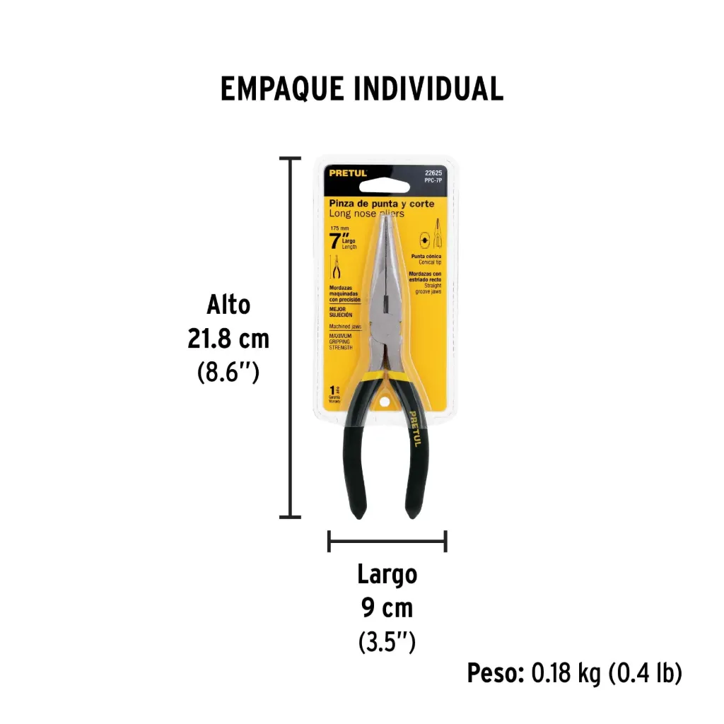 Pinza de punta y corte 7' mango de PVC, Pretul, 