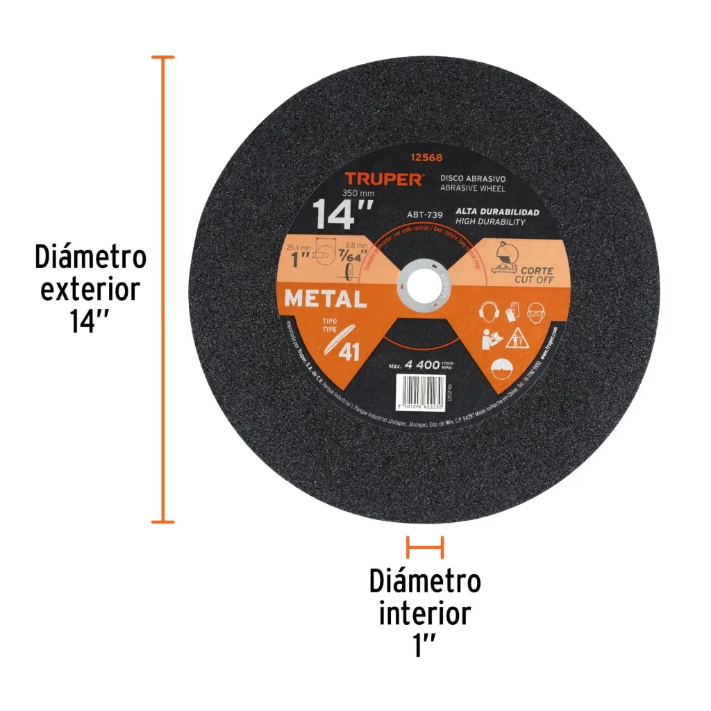 Disco Tipo 41 de 14' x 3.1 mm para corte de metal, TRUPER, 