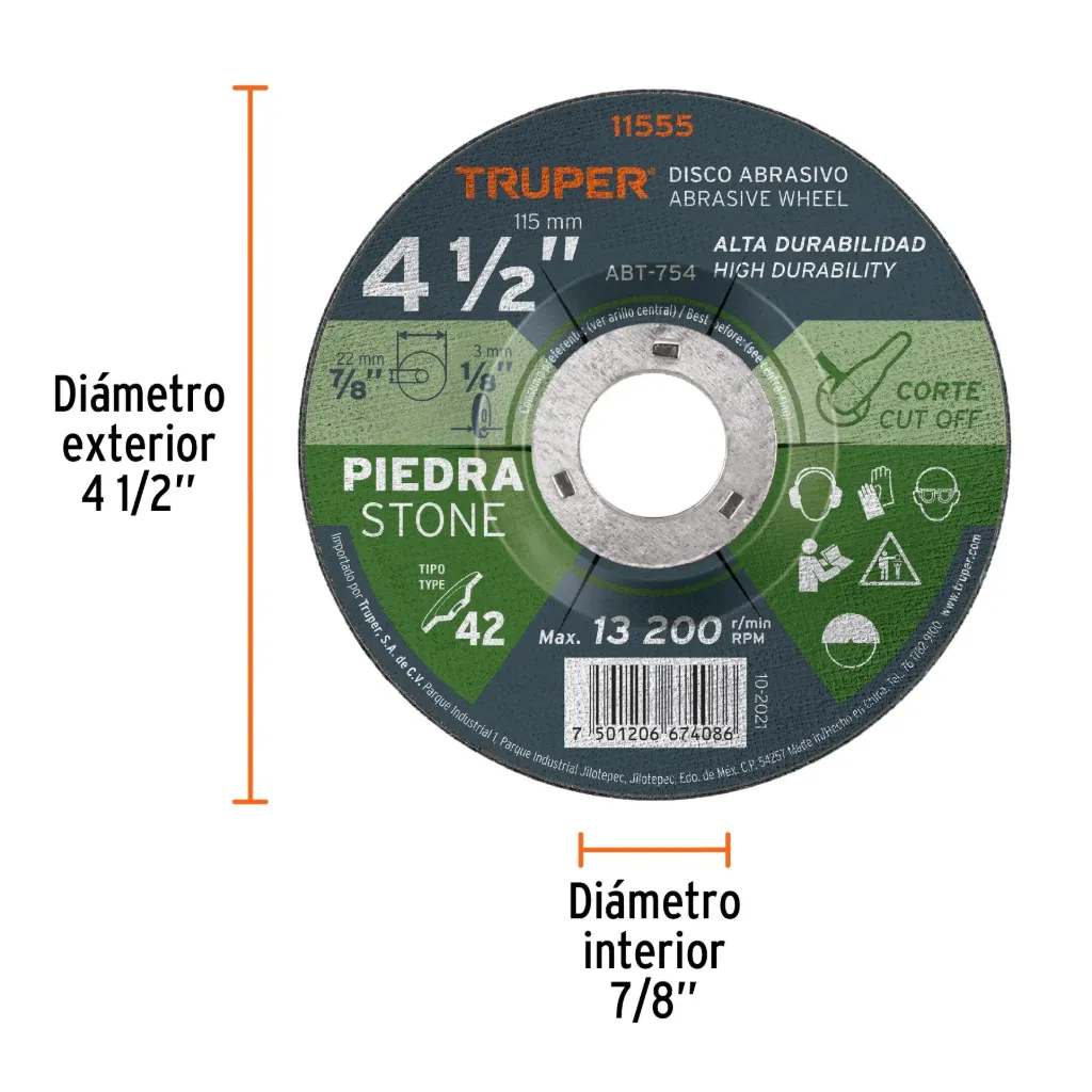 Disco Tipo 42 de 4-1/2' x 3.2 mm para corte de piedra, 