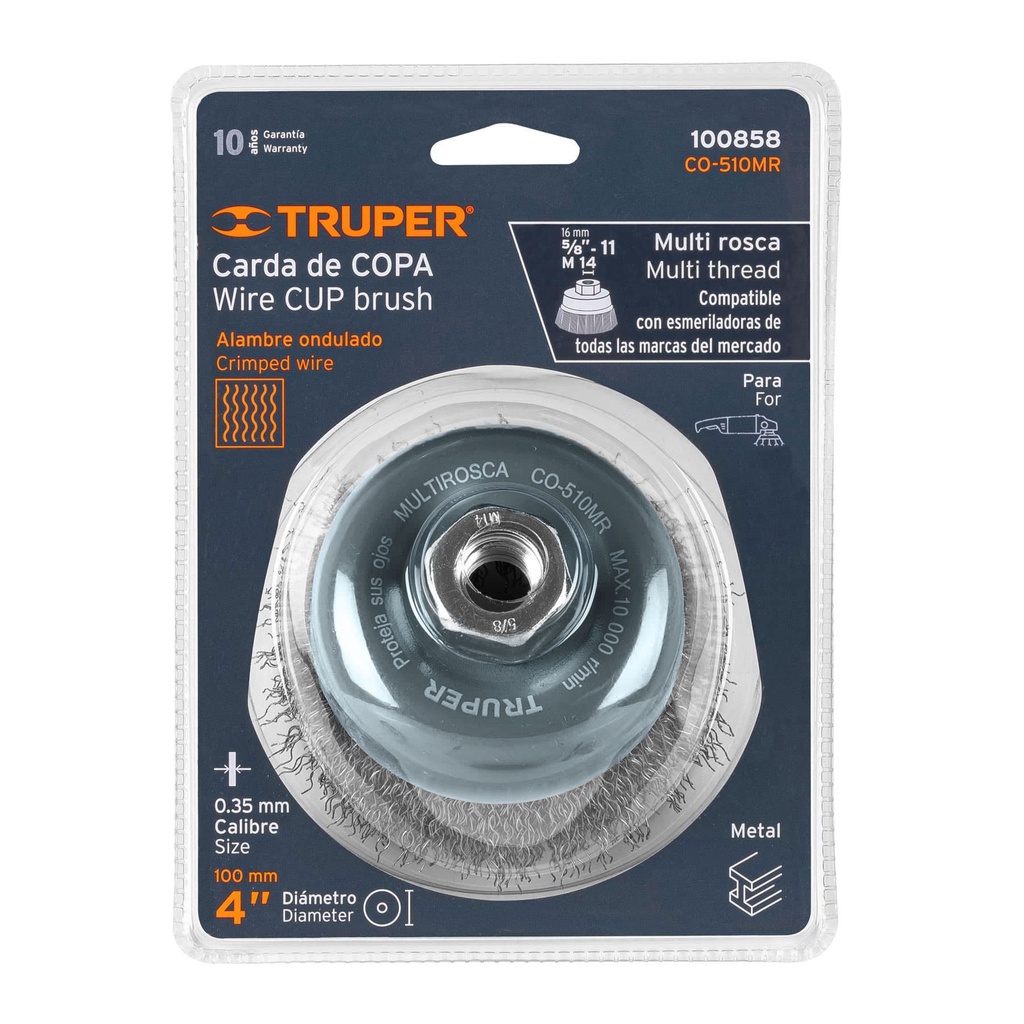 Carda copa 4' alambre ondulado fino, Multi-rosca, Truper, 