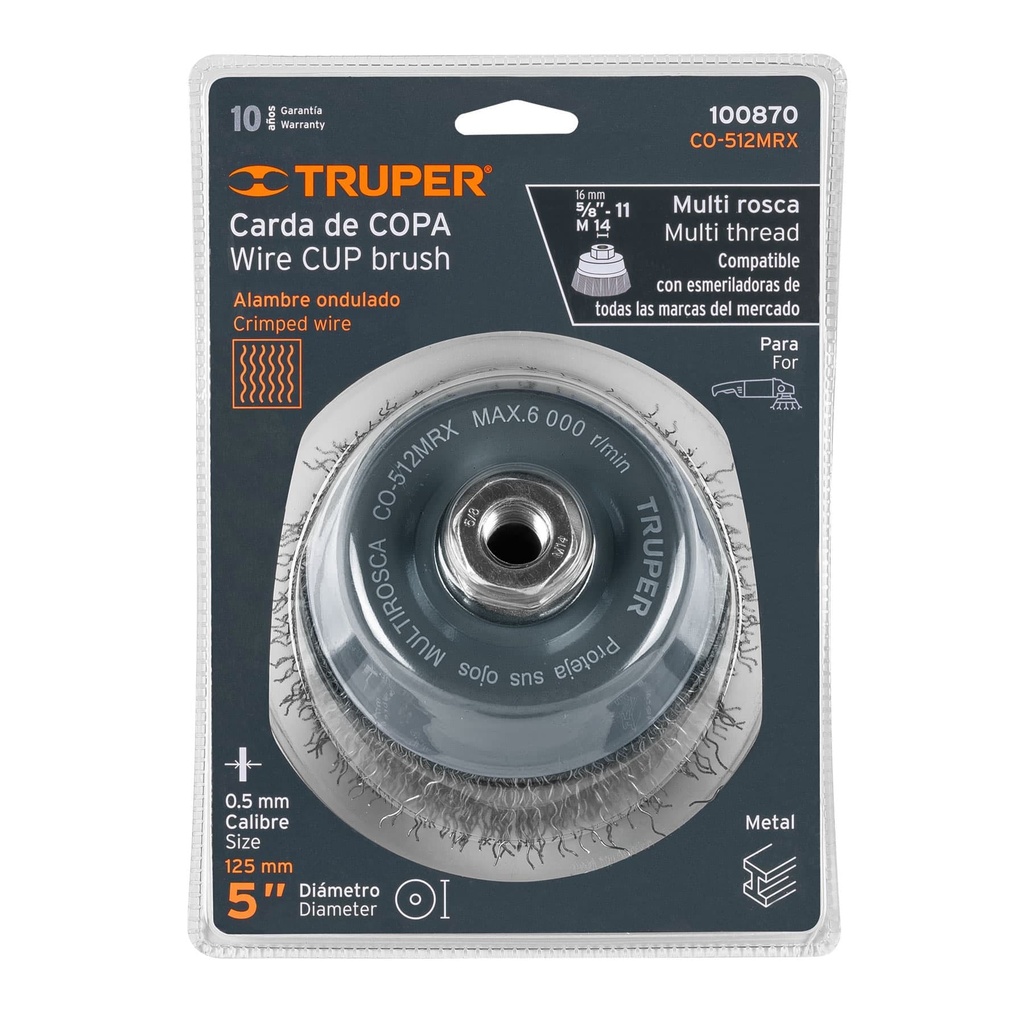 Carda copa 5' alambre ondulado grueso, Multi-rosca, Truper, 