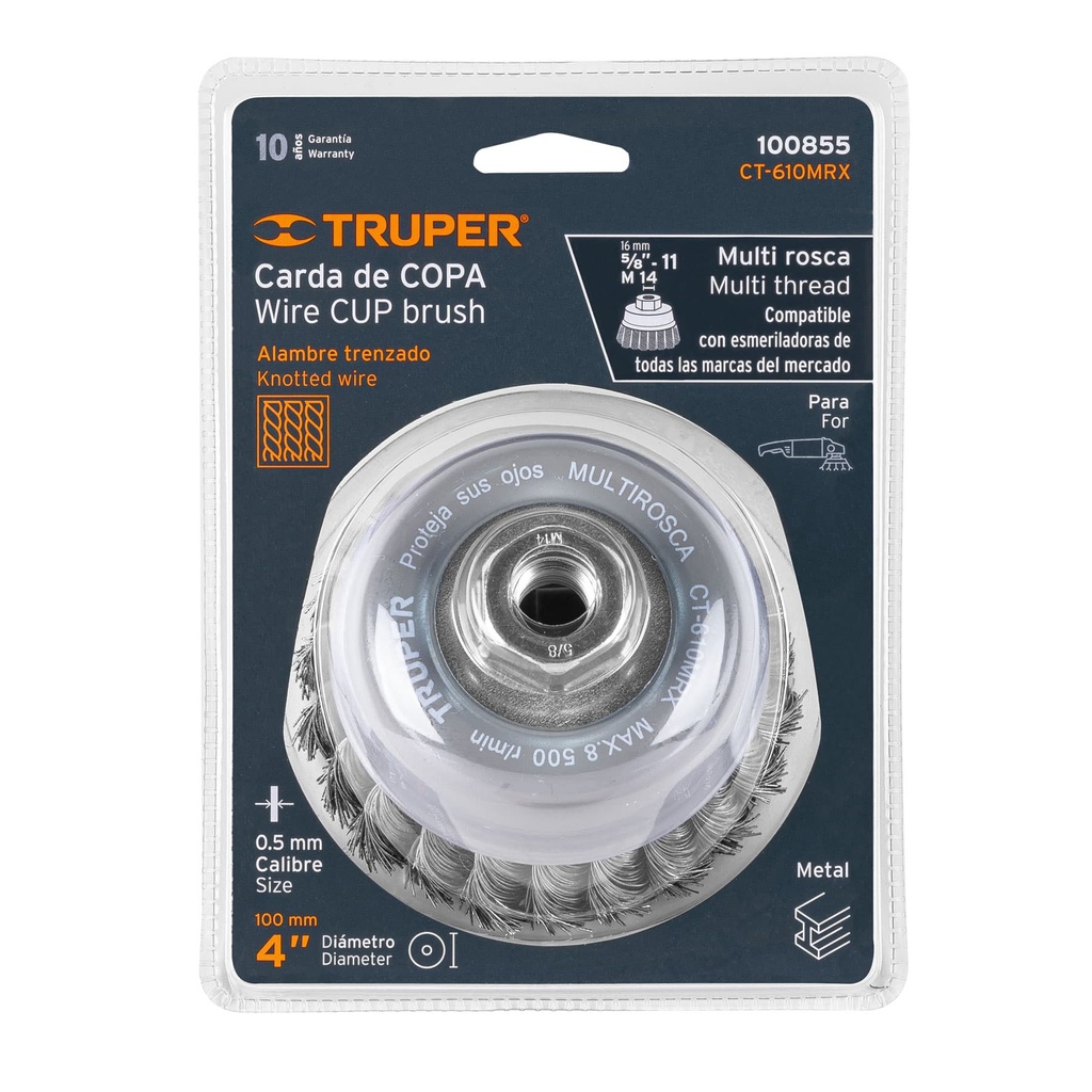 Carda copa 4' alambre trenzado grueso, Multi-rosca, Truper, 