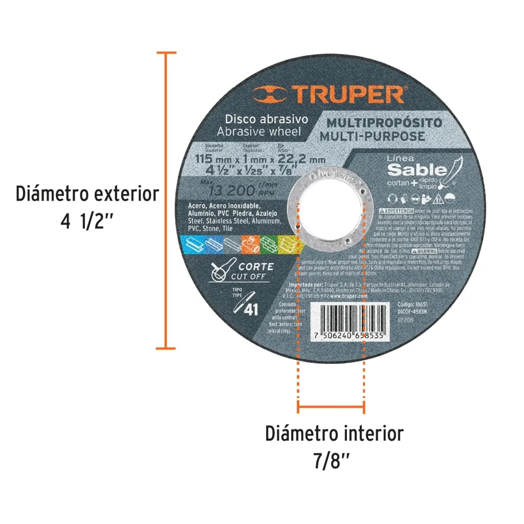 Disco Tipo 41 de 4-1/2' x 1 mm corte multimaterial, Sable, 