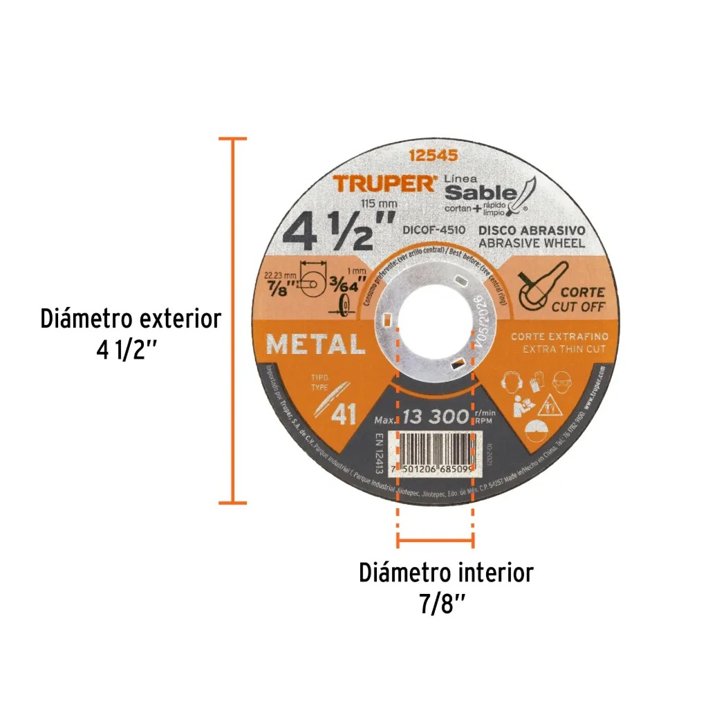 [12545-DICOF-4510] Disco Tipo 41 de 4-1/2' x 1 mm corte fino de metal, Sable, 