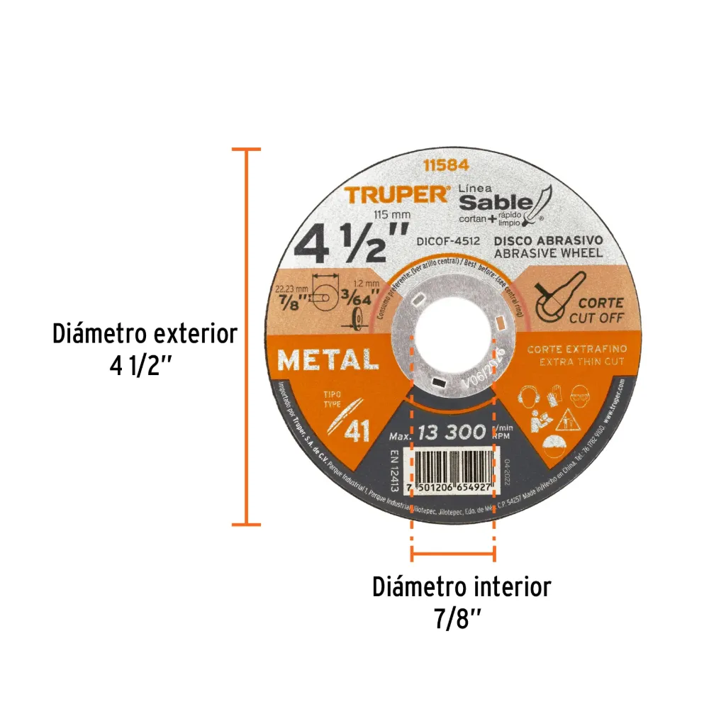 Disco Tipo 41 de 4-1/2' x 1.2 mm corte fino de metal, Sable, 