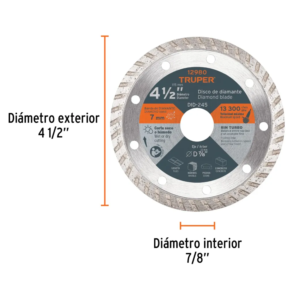 Disco de diamante de 4-1/2' x 2.2 mm, rin turbo, TRUPER, 