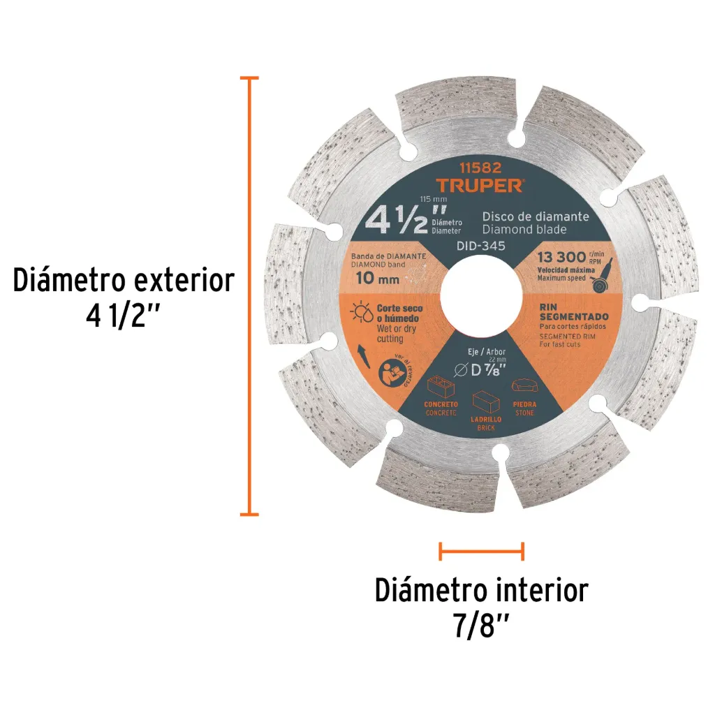 Disco de diamante de 4-1/2' x 2.1 mm, rin segmentado, TRUPER, 