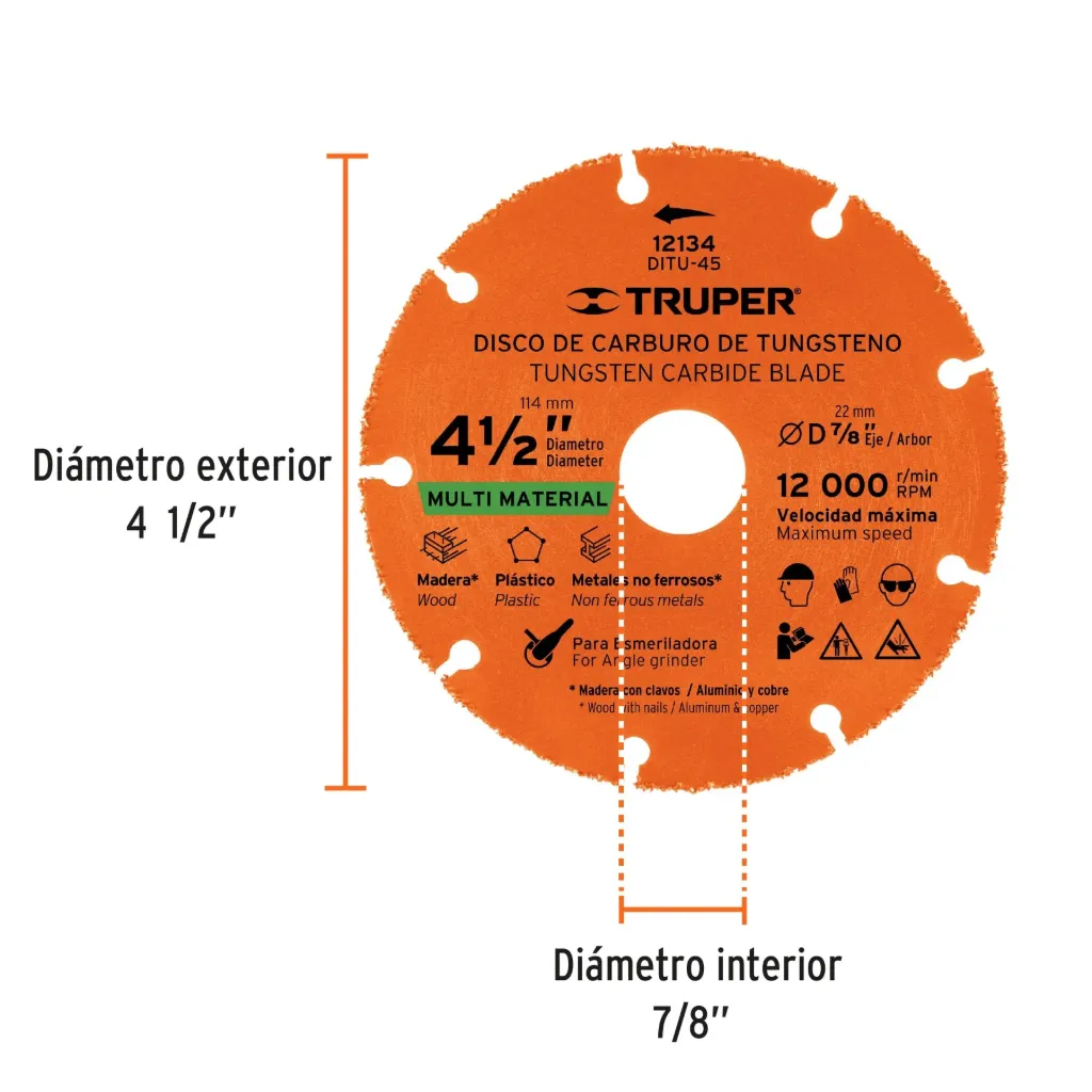 Disco 4-1/2' multimaterial de carburo de tungsteno, TRUPER, 