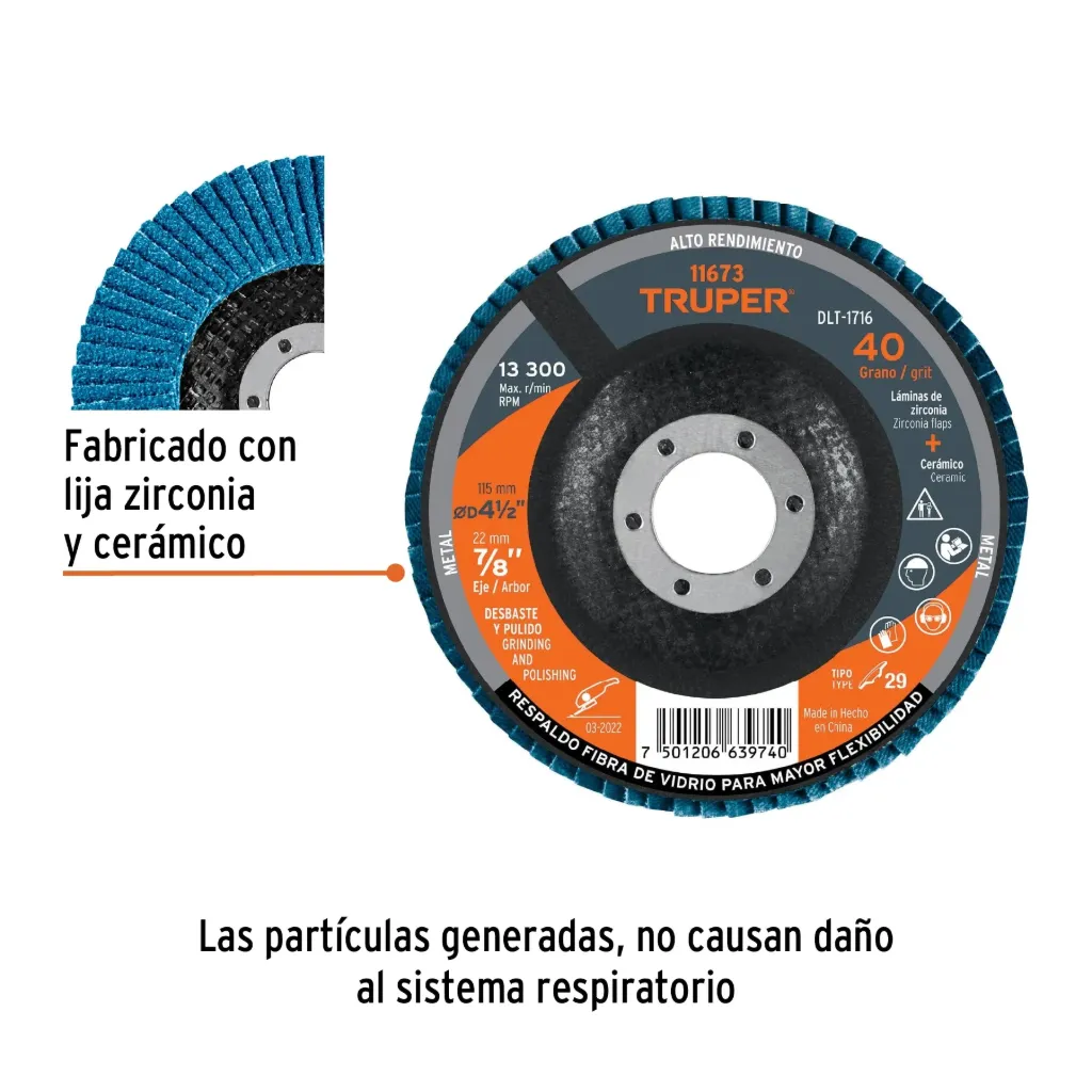 Disco laminado 4-1/2', grano 40 centro 7/8', fibra, TRUPER, 
