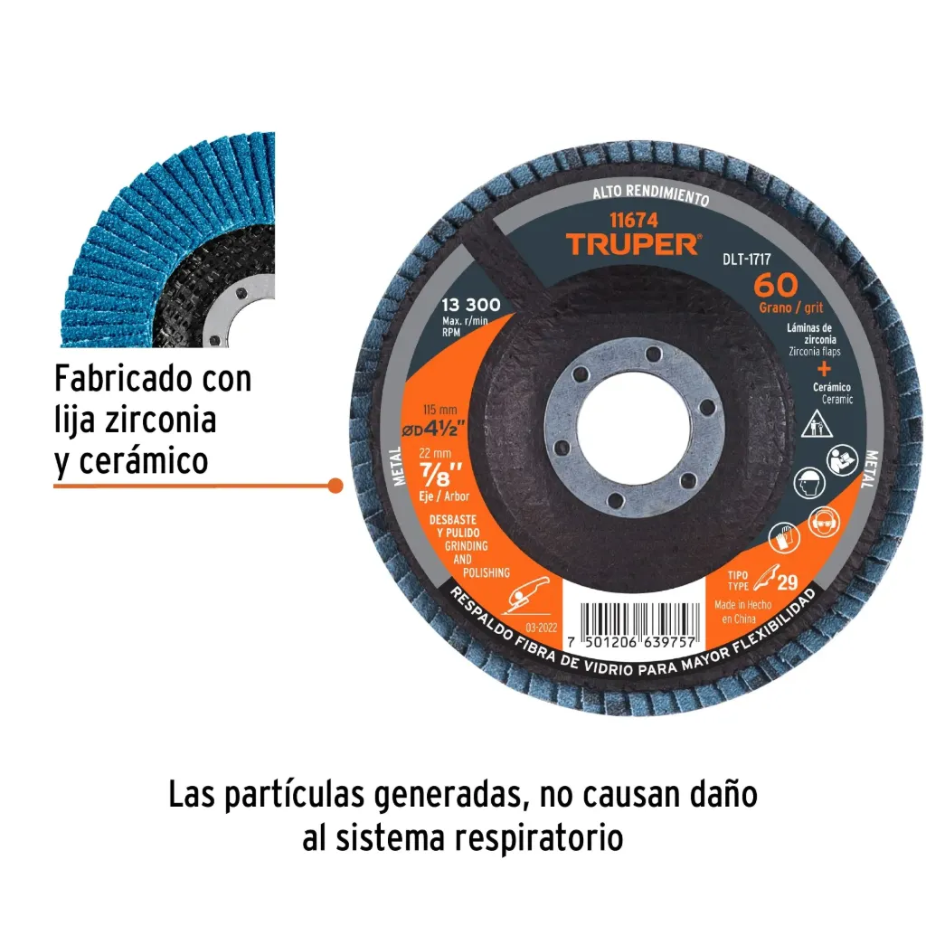 Disco laminado 4-1/2', grano 60 centro 7/8', fibra, TRUPER, 