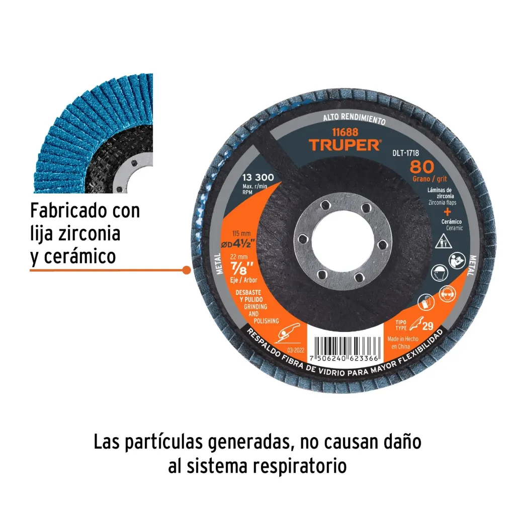 Disco laminado 4-1/2', grano 80 centro 7/8', fibra, TRUPER, 