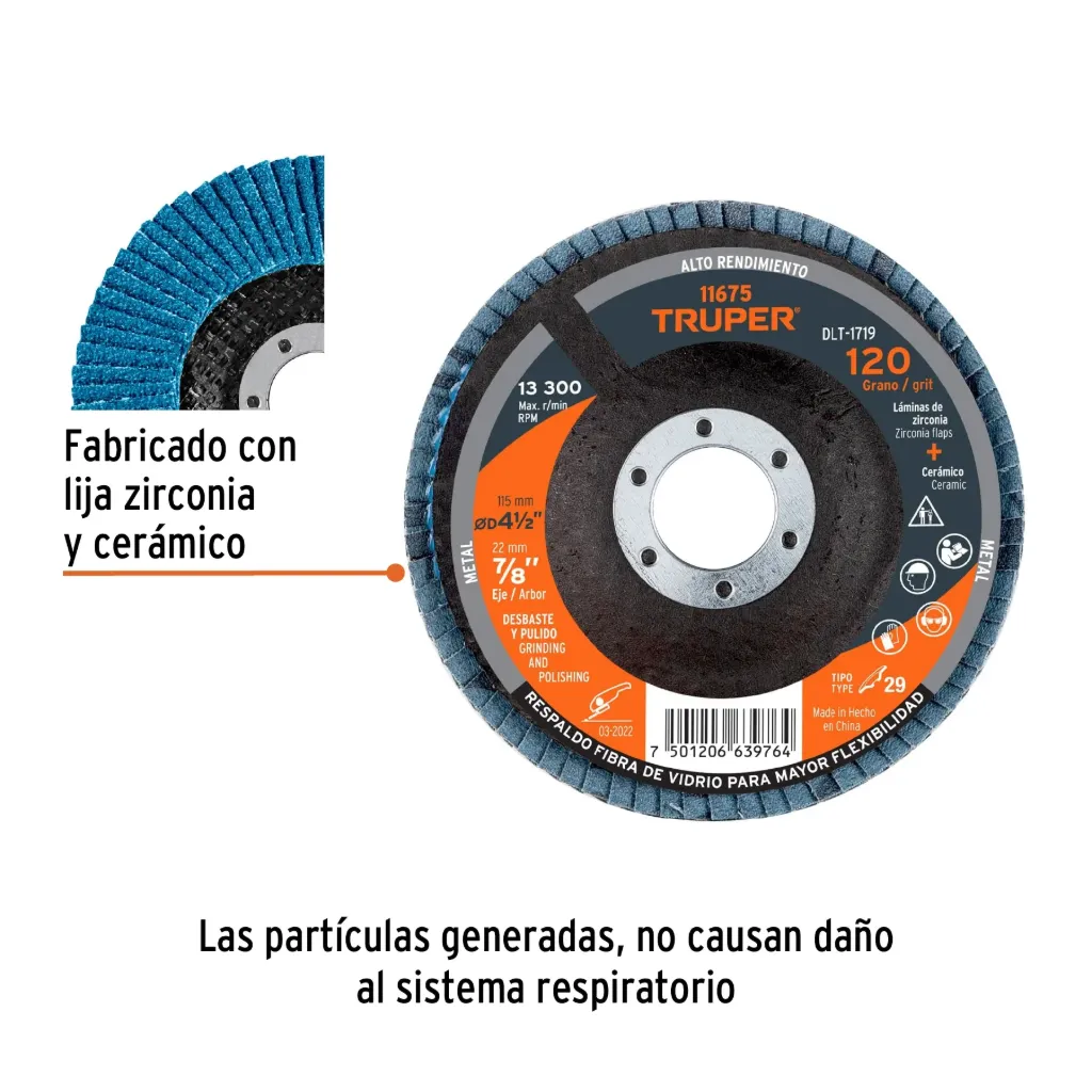 Disco laminado 4-1/2', grano 120 centro 7/8', fibra, TRUPER, 