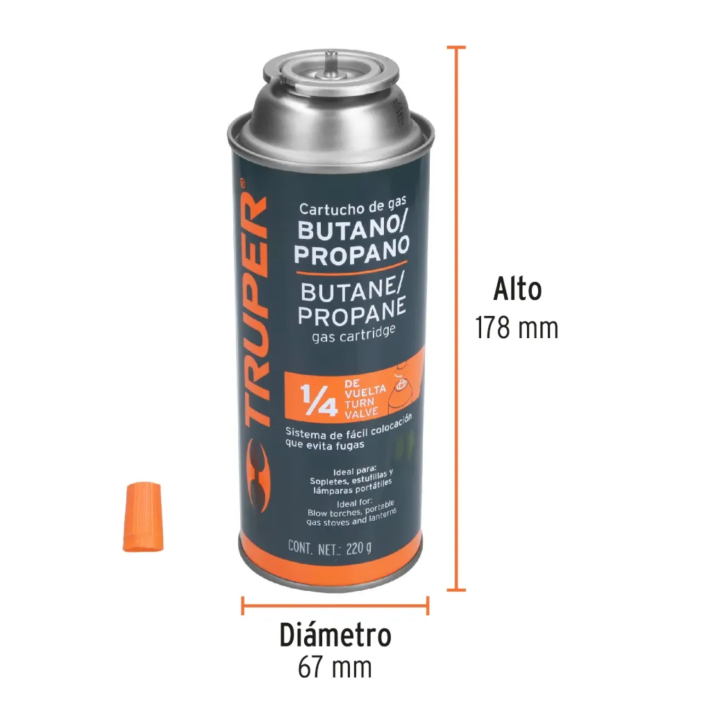 Lata de gas de 220g con válvula de 1/4 de vuelta, TRUPER, 