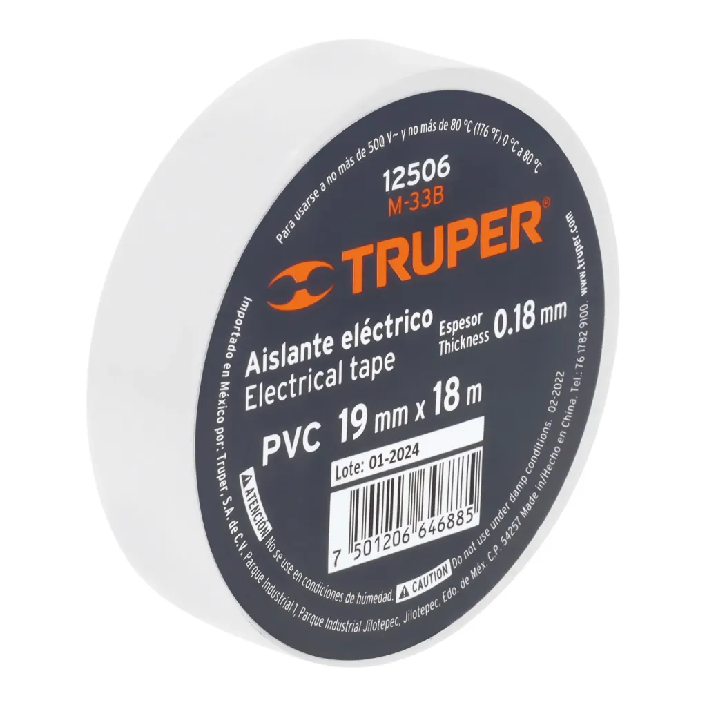 [12506-M-33B] Cinta de aislar de 18 m x 19 mm, blanca, Truper, 
