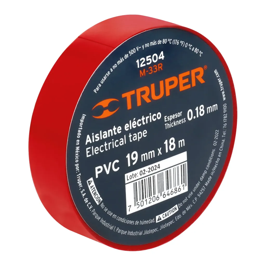 [12504-M-33R] Cinta de aislar de 18 m x 19 mm, roja, Truper, 