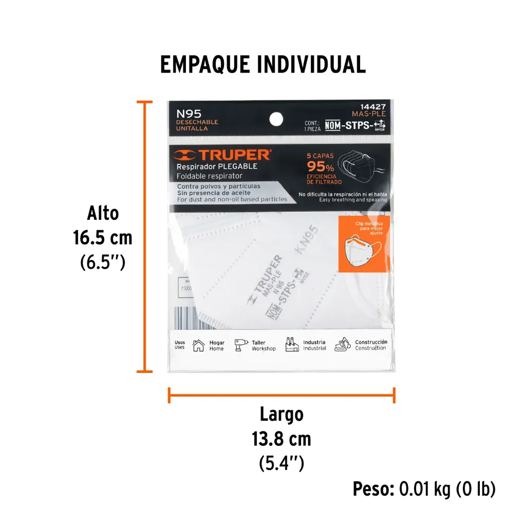 Respirador plegable N95, para polvos y partículas, Truper, 