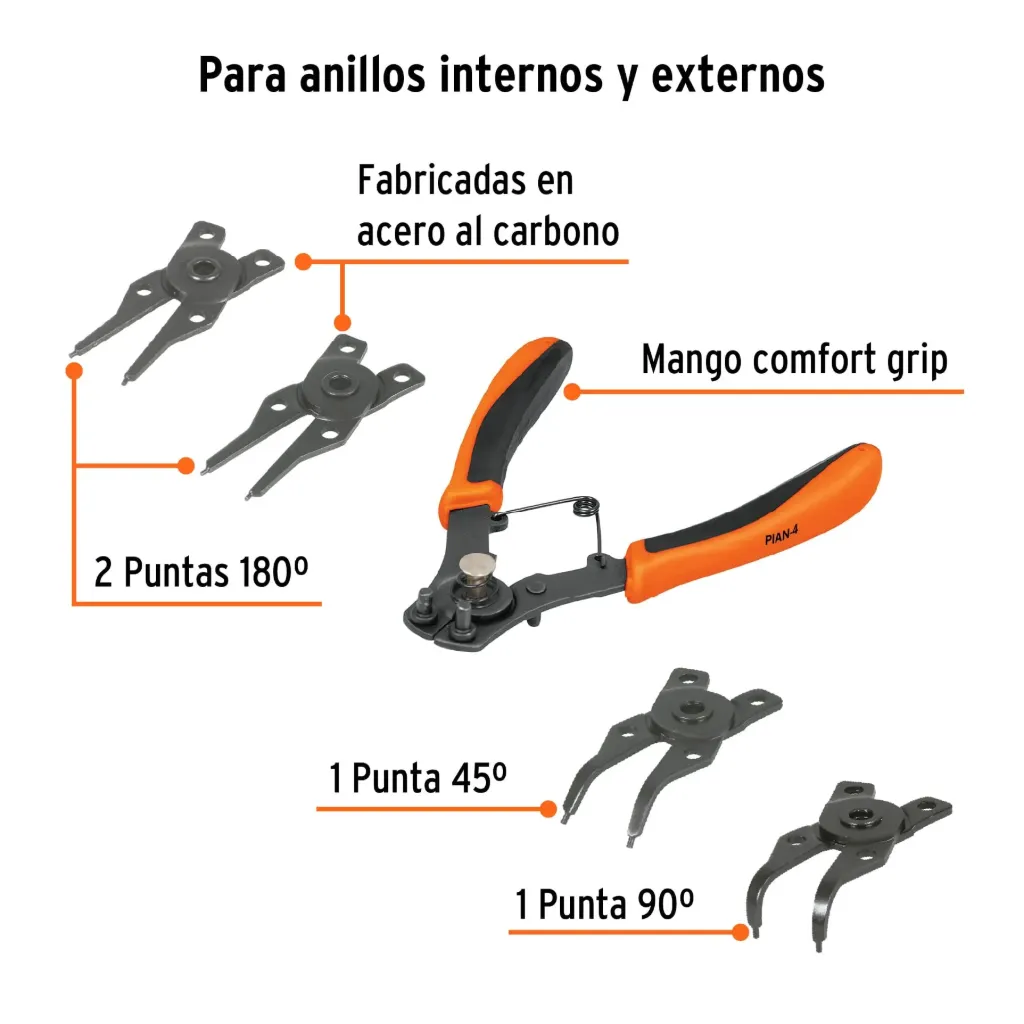Pinza para anillos de retención 6' 4 cabezas intercambiables, 